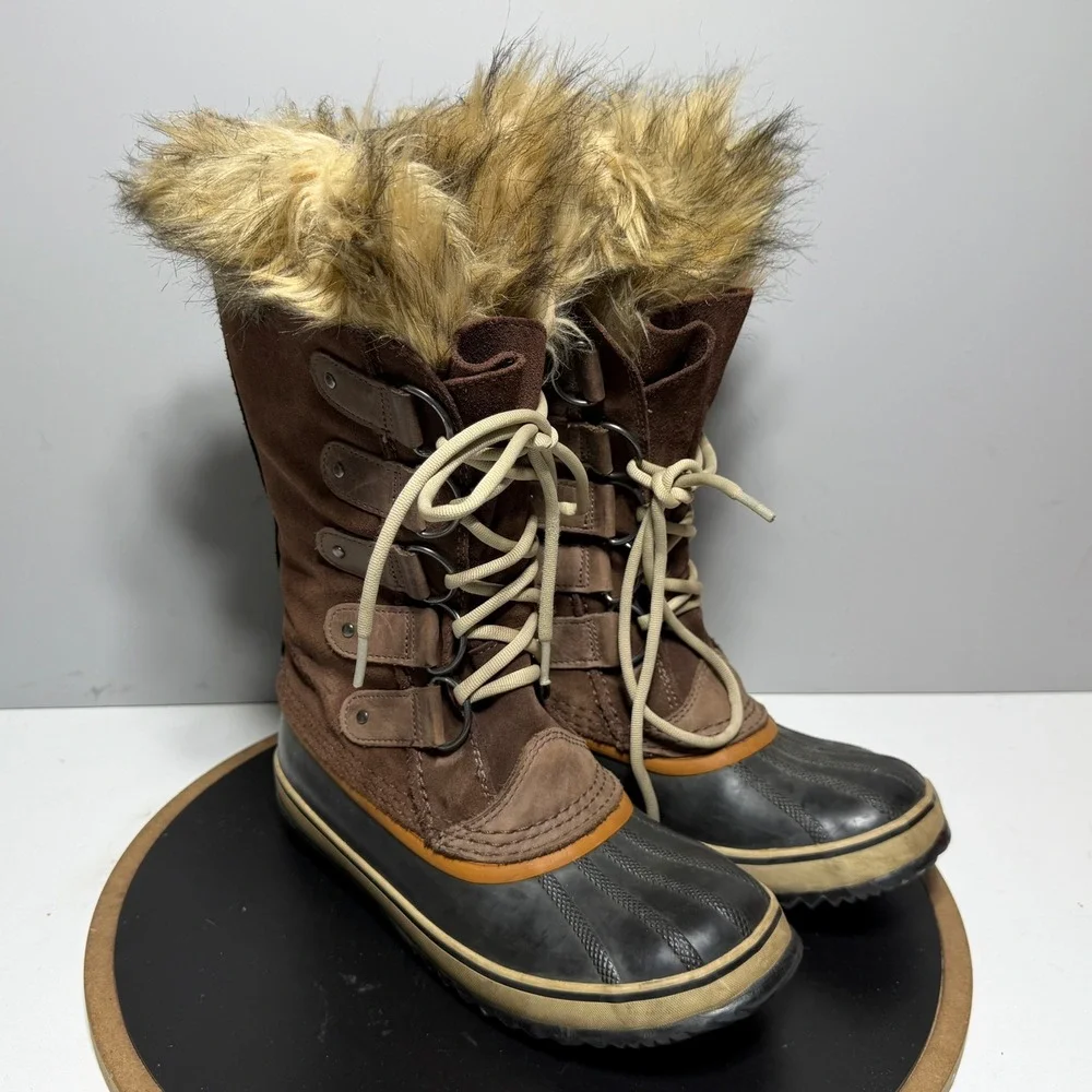 Sorel‎ Tofino Winter Boots Women Size 8 Waterproof Suede Brown Black Faux Fur